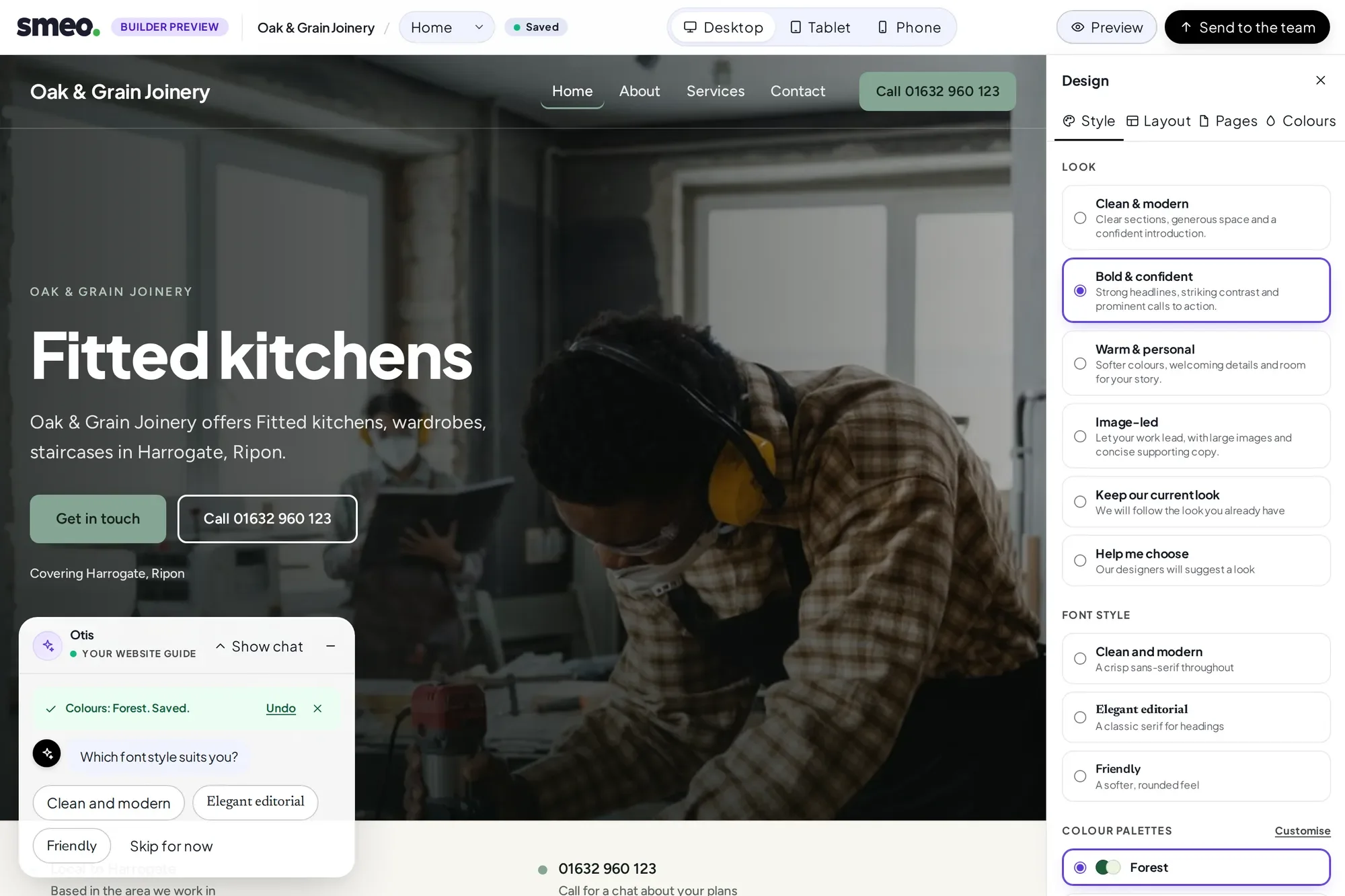The SMEO builder on a desktop screen: Otis asks the next question in a floating card while the live preview shows Oak & Grain Joinery, a made-up example business