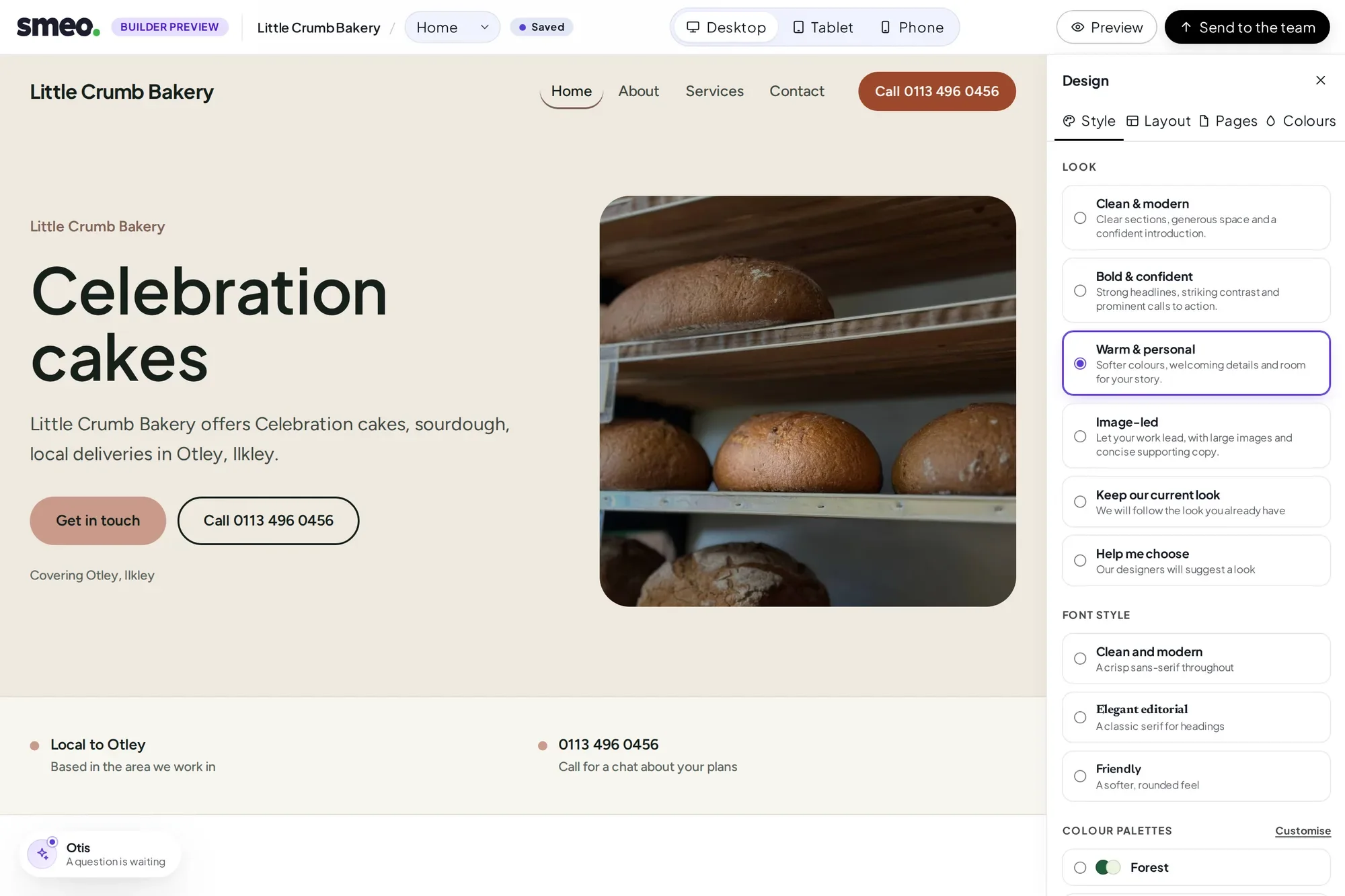 The SMEO builder on a desktop screen with Otis minimised, showing the live preview of Little Crumb Bakery, a made-up example business, in the Warm & personal look
