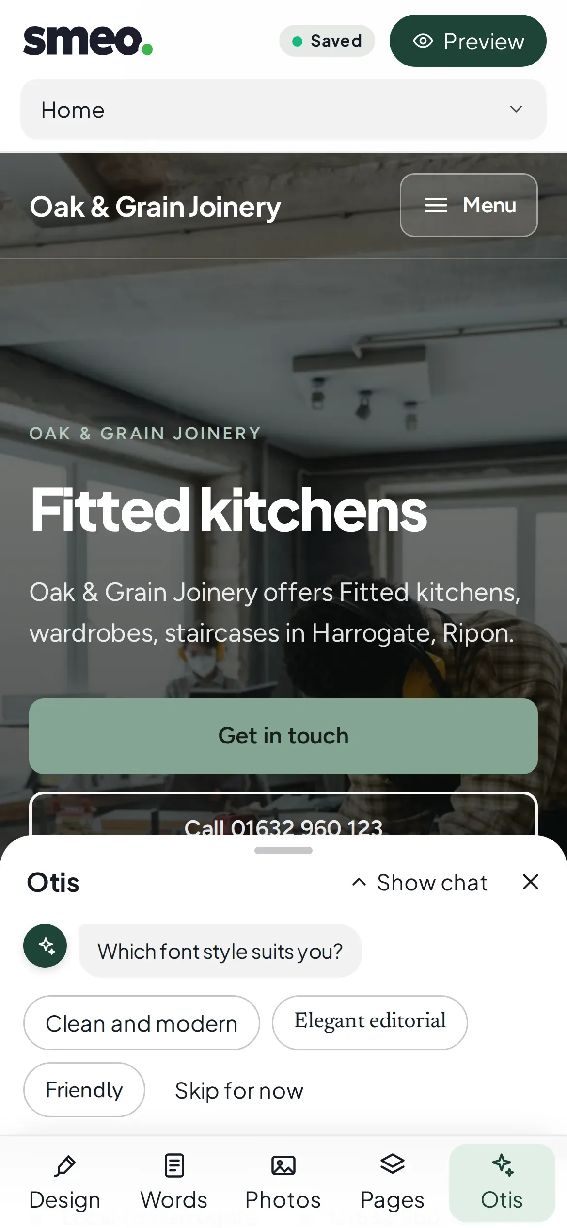 The same draft in the SMEO builder on a phone, with Otis's question open in a sheet over the preview