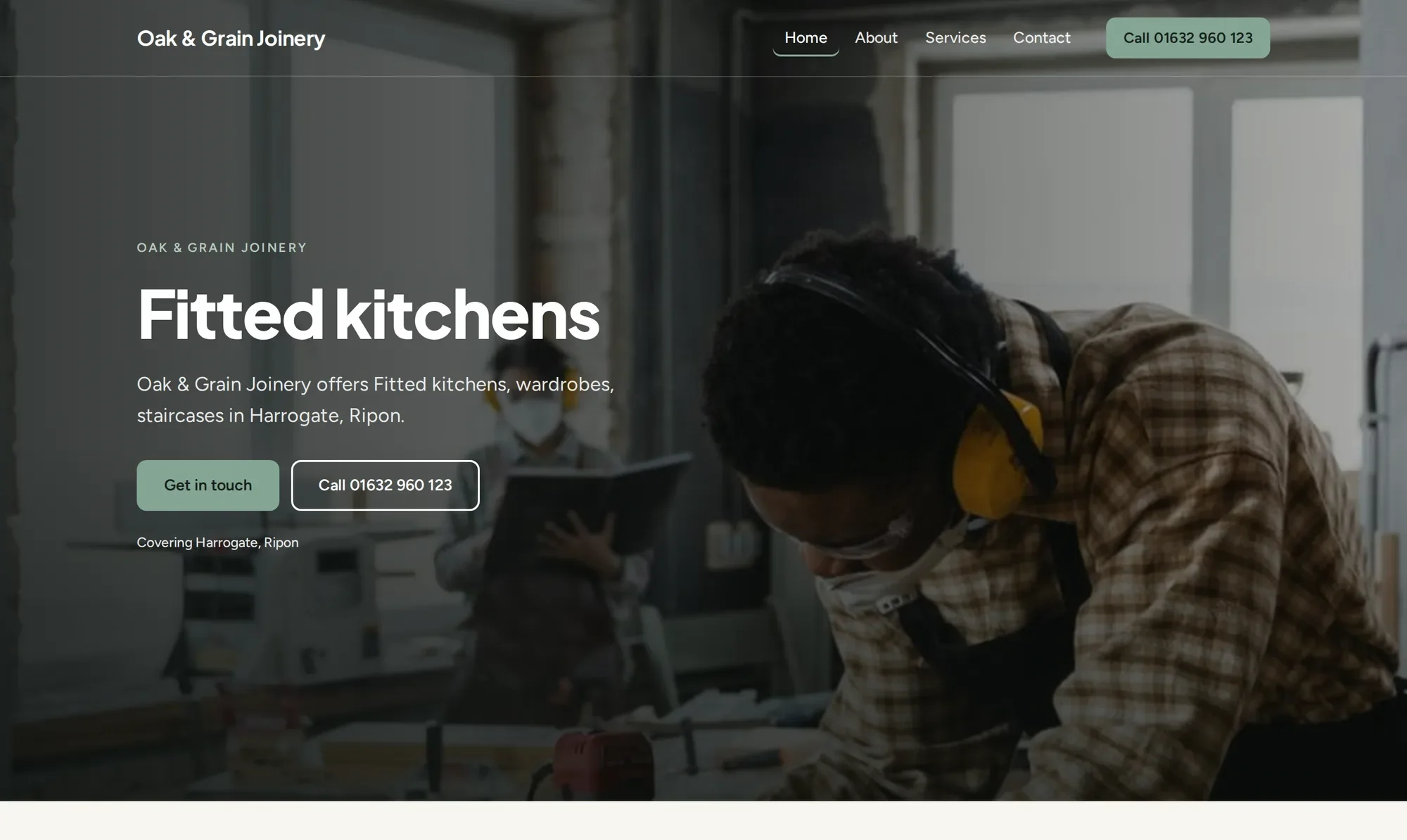 Top of the website for Oak & Grain Joinery, a made-up example business, in the Bold & confident look: a full-width photo with the header over it