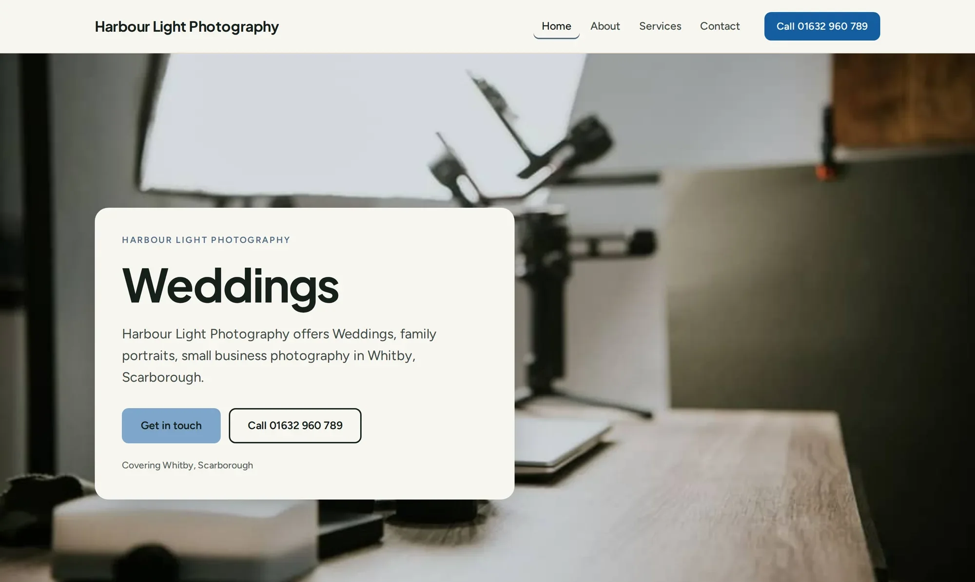 Top of the website for Harbour Light Photography, a made-up example business, in the Image-led look, led by a large photo with short text
