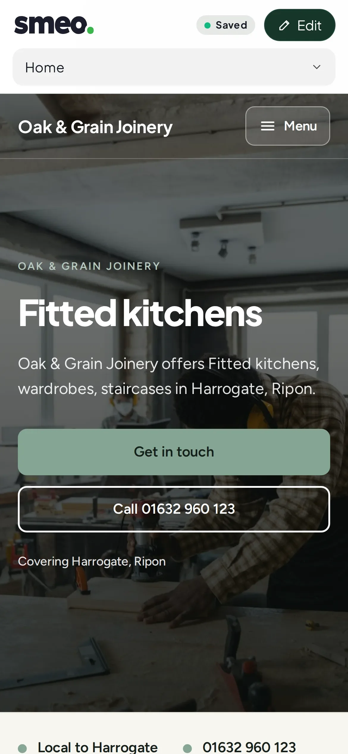 Website for Oak & Grain Joinery, a made-up example business, previewed on a phone