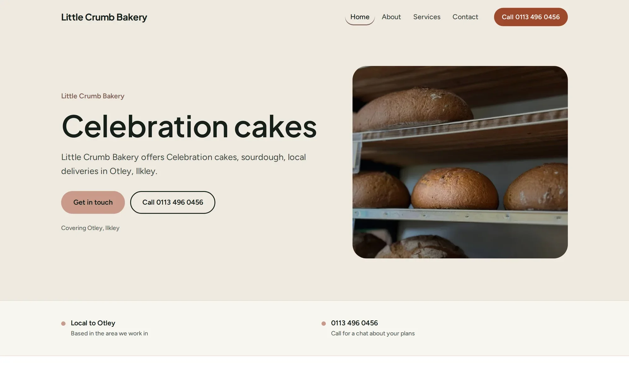 Top of the website for Little Crumb Bakery, a made-up example business, in the Warm & personal look with terracotta colours